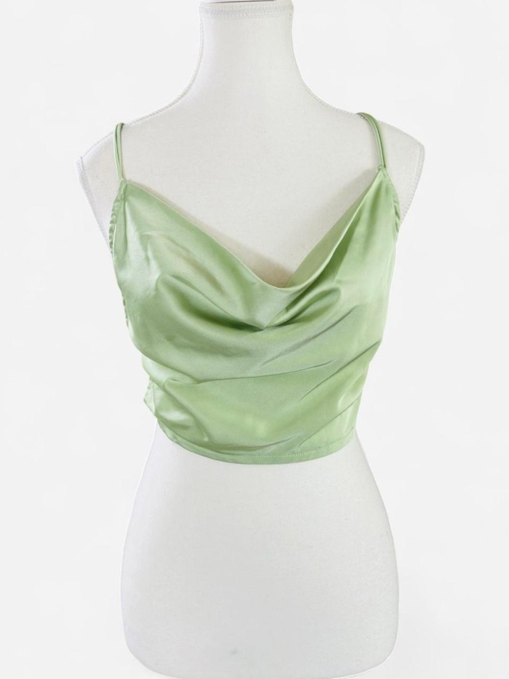 Light Green Satin Cowl Crop Top with Spaghetti Straps